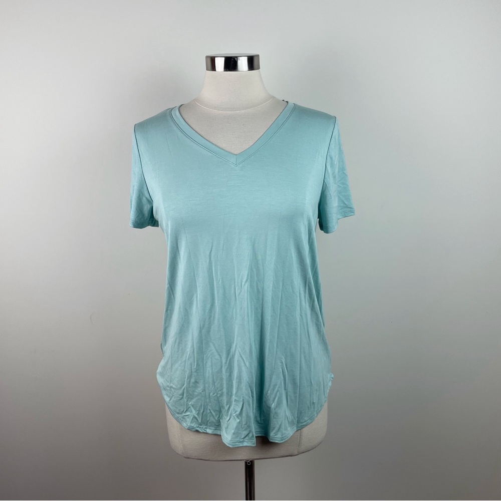 Green Envelope Solid Light Blue Green Short Sleeve Casual Top Women Medium